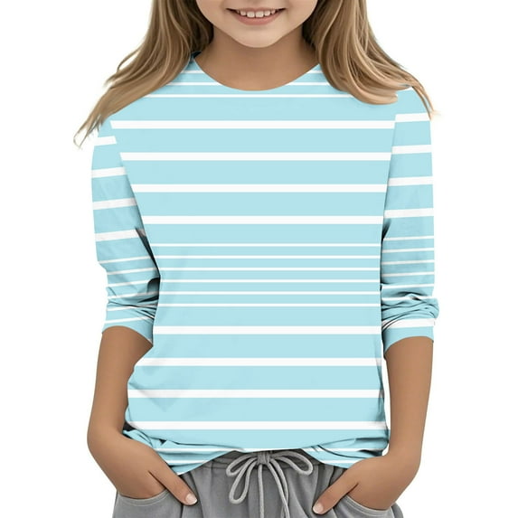 UAMVSH Unisex Kids Cute Printed Shirts Trendy Striped 3/4 Sleeve Tops Spring Summer Lightweight Casual T-Shirts Crew Neck Clothes(4-5 Years,Blue)