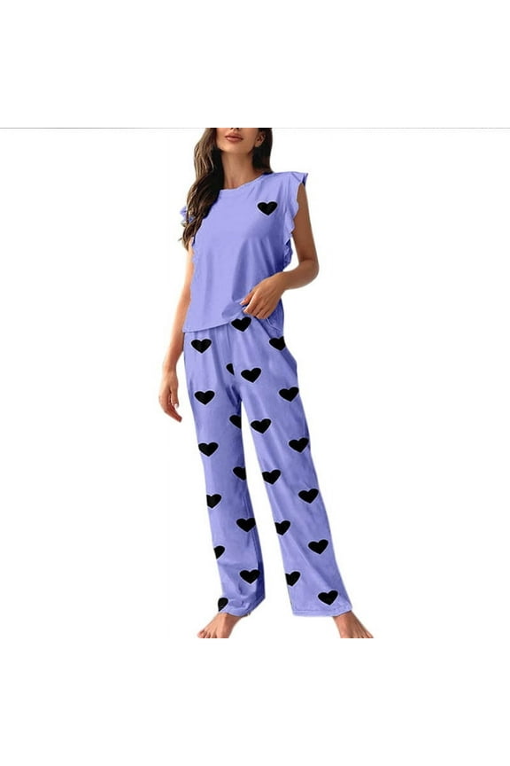 Valentine Day Pajama Sets for Women 2 Piece Heart Printed Graphic Sleepwear Cute Ruffle Sleeveless Crop Tops and Long Pants Pj Set