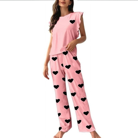 UAMVSH Valentine Day Pajama Sets for Women 2 Piece Heart Printed Graphic Sleepwear Cute Ruffle Sleeveless Crop Tops and Long Pants Pj Set