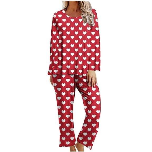 UAMVSH Valentine Day Womens Pajama Sets Crewneck Heart Print Graphic Loungewear Set Cute Long Sleeve Tops and Pants 2 Piece Outfits