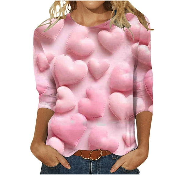 UAMVSH Valentine Tops for Women Trendy Cute Blouse Tops Crew Neck 3/4 Sleeve Heart Printed Shirts