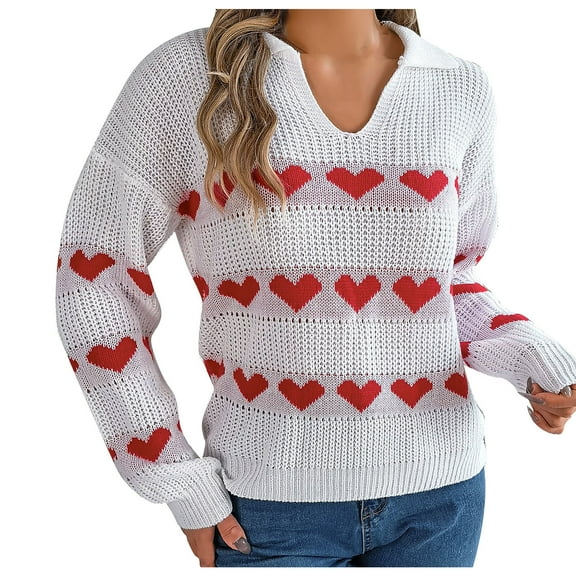 UAMVSH Valentine's Day Sweaters for Women Cute Heart Printed Trendy Lightweight Sweater Pullover Comfy Long Sleeve V-Neck Collared Knitted Tops(Small,White)