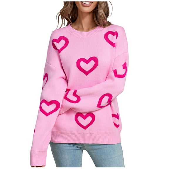 UAMVSH Valentine's Day Sweaters for Women Cute Heart Graphic Printed Tunic Pullover Basic Long Sleeve Crew Neck Fall Sweater Tops(Large,Pink)