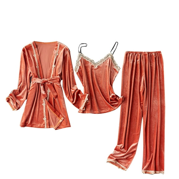 UAMVSH Velvet Pajama Sets for Women Comfy Lace Trim 3 Piece Sleepwear Outfits Sleeveless Camisole Tops Long Pants with Belted Robe Long Sleeve Lounge Pjs(X-LargeRed)