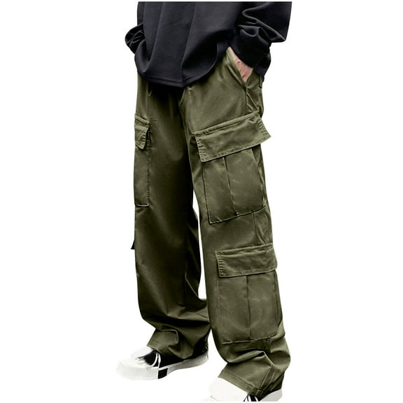 UAMVSH Wide Leg Cargo Pants for Men Trendy Loose Fit Sports Streetwear Sweatpants with Pockets Baggy Outdoor Athletic Pants(Small,Army Green)