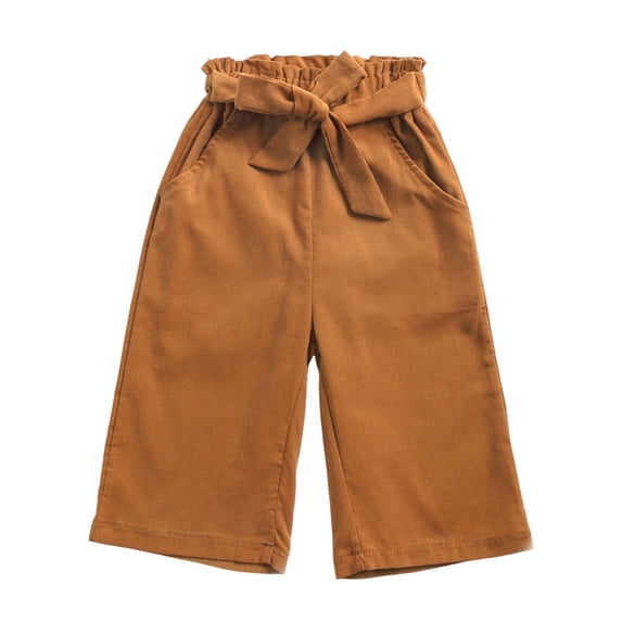 UAMVSH Wide Leg Corduroy School Pants for Kids Toddler Girls Tie Knot Solid Color Pants Elastic Waist Belt Trousers with Pockets(18-24 Months,Yellow)