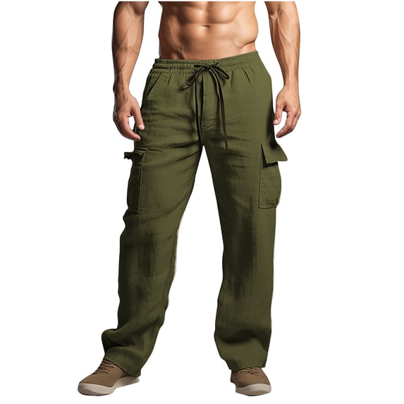 UAMVSH Wide Leg Cotton Linen Pants for Men Soft Lightweight Drawstring Pants with Pockets Plain Comfortable Breathable Beach Pants(MediumArmy Green)
