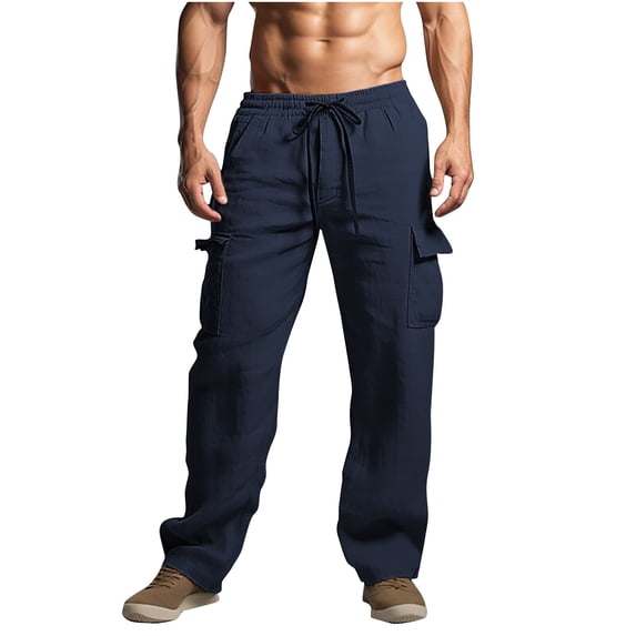 UAMVSH Wide Leg Cotton Linen Pants for Men Soft Lightweight Drawstring Pants with Pockets Plain Comfortable Breathable Beach Pants(MediumNavy)