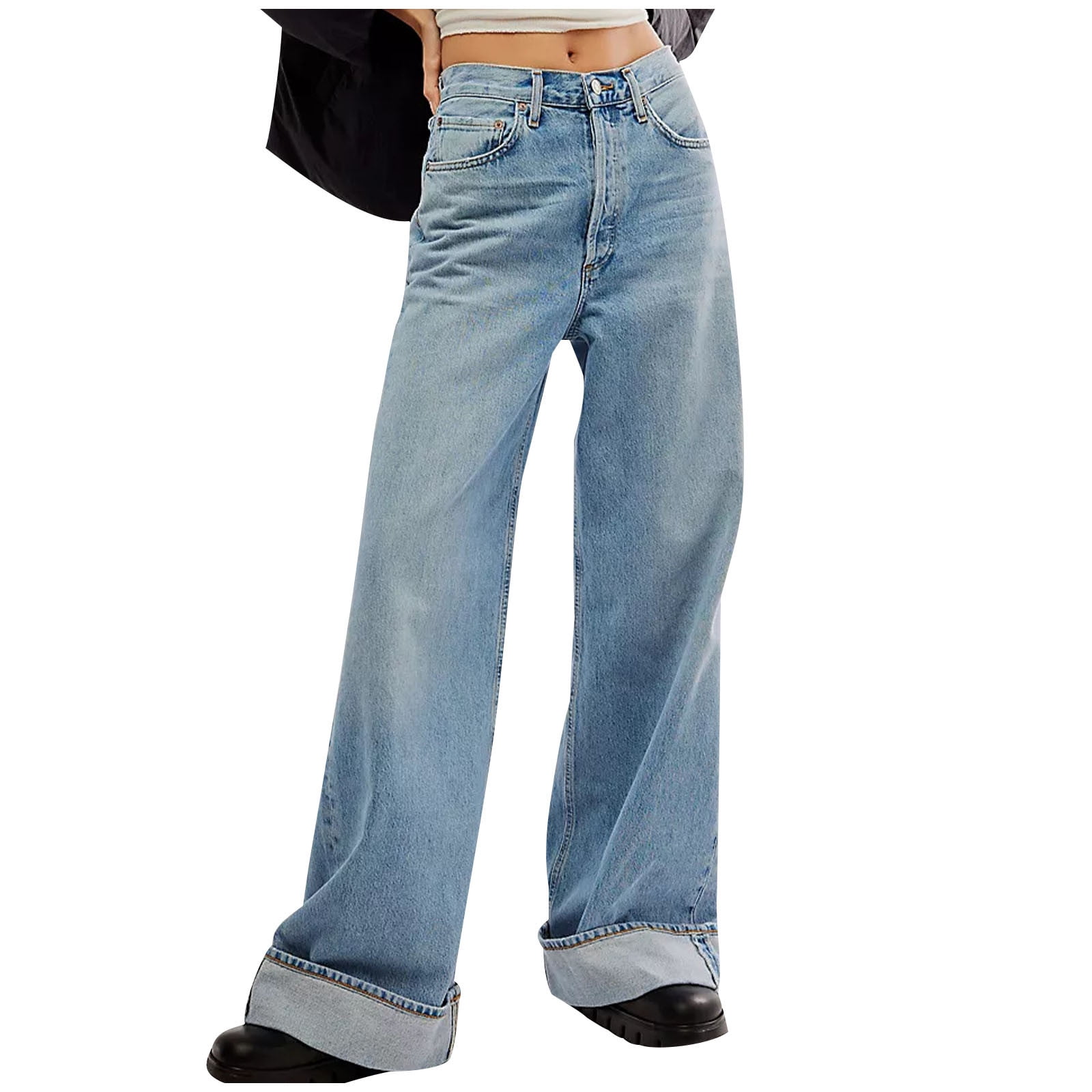 womens dress denim pants UAMVSH Wide Leg Jeans for Women Casual Summer Business Work Dress Pants  with Pockets Baggy Mid Waist Trendy Pull on Denim Pants