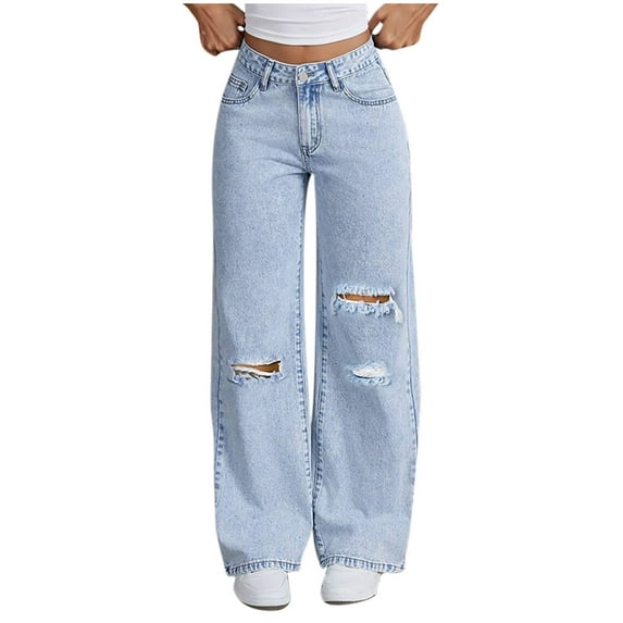 UAMVSH Wide Leg Jeans for Women Trendy Ripped High Waisted Baggy Denim Pants with Pockets Trendy Vintage Stretchy Lounge Pants(X-Large,Light Blue)