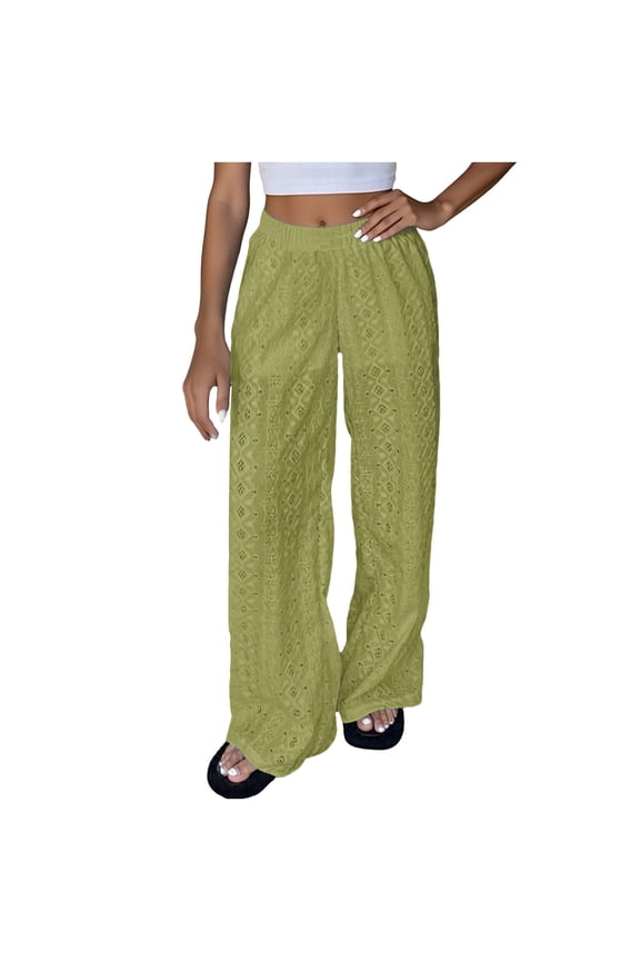 Wide Leg Pants for Women Crochet Hollow out Lace Pants Casual Loose Elastic Waist Lounge Trousers for Travel Vacation