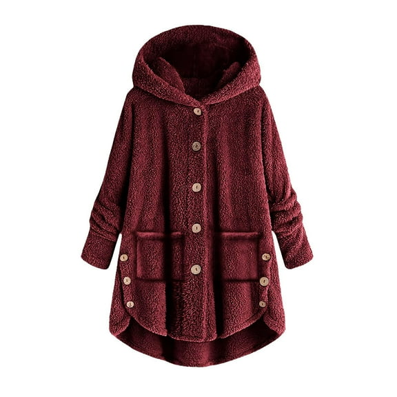 UAMVSH Winter Coats for Women Fleece Sherpa Curved Hem Hooded Jacket Comfy Soft Button Down Long Sleeve Warm Outwear with Pockets