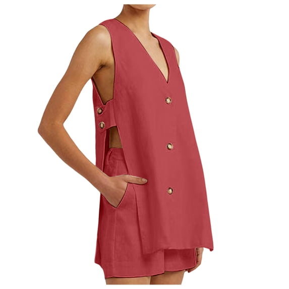 UAMVSH Women 2 Piece Lounge Sets Side Split Sleeveless Vacation Outfits V Neck Tank Top Matching Shorts Set with Pockets