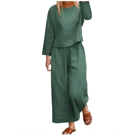 UAMVSH Women 2 Piece Outfits Cotton Linen Loungewear Sets Lightweight Long Sleeve Tops Matching Palazzo Wide Leg Pants Beach Vacation Clothes(Small,Army Green)