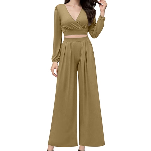 UAMVSH Women 2 Piece Outfits Long Sleeve Lounge Set Dressy Casual V Neck Crop Tops Wide Leg Pants Matching Set for Work Office
