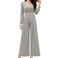 thumbnail image 1 of UAMVSH Women 2 Piece Outfits Long Sleeve Lounge Set Dressy Casual V Neck Crop Tops Wide Leg Pants Matching Set for Work Office, 1 of 6