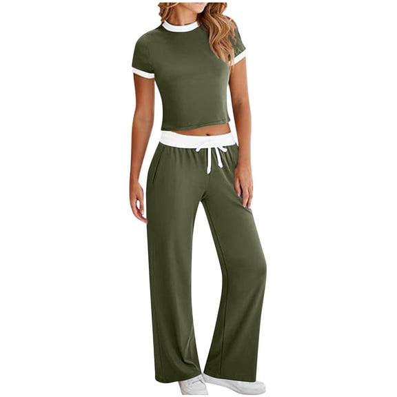 UAMVSH Women 2 Piece Outfits Sweatsuit Sets Casual Color Block Short Sleeve Tops and High Waist Drawstring Pants Tracksuit with Pockets(Large,Army Green)