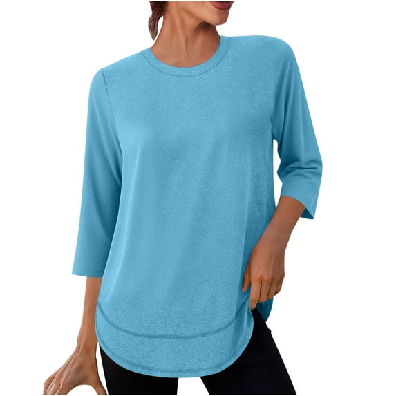 UAMVSH Women 3/4 Length Sleeve Shirts Soft Fall Loose Fit Crew Neck Workout Tops Casual Solid Color Curved Hem Athletic Tees (X-Large,Light Blue)