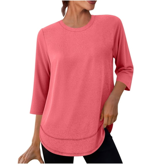 UAMVSH Women 3/4 Length Sleeve Shirts Soft Fall Loose Fit Crew Neck Workout Tops Casual Solid Color Curved Hem Athletic Tees (X-Large,Watermelon Red)