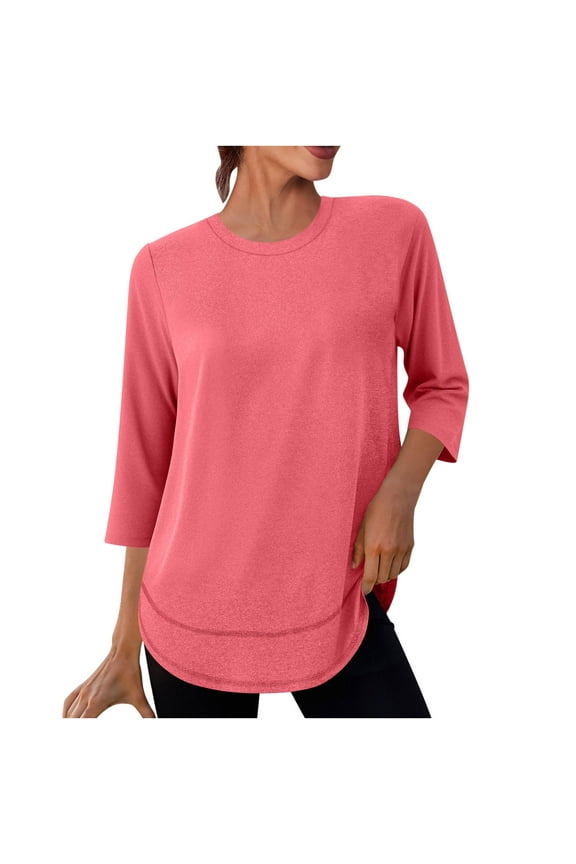 Women 3/4 Length Sleeve Shirts Soft Fall Loose Fit Crew Neck Workout Tops Casual Solid Color Curved Hem Athletic Tees (X-Large,Watermelon Red)