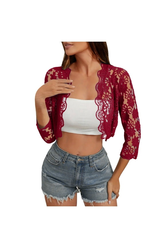 Women 3/4 Sleeve Lace Shrug Sheer Floral Bolero Shawl Short Cardigan Lightweight Open Front Mesh Bolero for Dress(Medium,Wine)