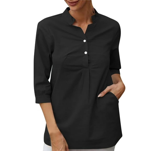UAMVSH Women 3/4 Sleeve Shirts Button down Cotton Linen Dressy Tops with Pockets Casual Lightweight Collared Work Blouses(Medium,Black)