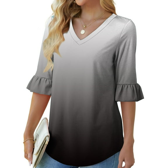 UAMVSH Women 3/4 Sleeve Shirts Casual Vacation Printed Dressy Blouses Fashionable Bell Sleeve Tunic Tops for Business Work(XX-Large,Gray)
