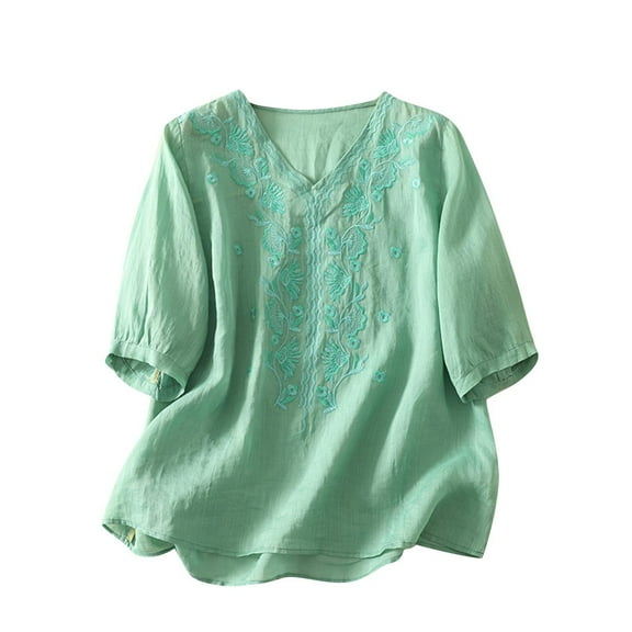 UAMVSH Women 3/4 Sleeve Shirts Loose Fit Cotton Linen Casual V-Neck Tops Trendy Embroidered Lightweight Blouses Summer Fall(Medium,Green)