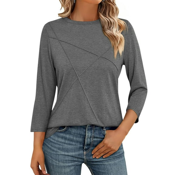 UAMVSH Women 3/4 Sleeve Shirts for Women Trendy Crew Neck Dressy Tunic Tops Casual Solid Color Business Work Tee Blouses(X-Large,Gray)