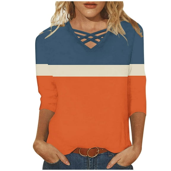 UAMVSH Women 3/4 Sleeve Tops Casual Criss Cross V-Neck Plus Size Loose Shirts Trendy Color Block Printed Tees for Summer Fall(XX-Large,Orange)