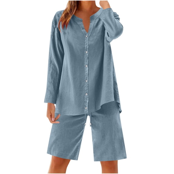 UAMVSH Women Button down Two Piece Sets Plus Size Cotton Linen Long Sleeve Shirts and Drawstring Bermuda Shorts Beach Outfits(4X-Large,Light Blue 1)