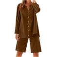 thumbnail image 1 of UAMVSH Women Button down Two Piece Sets Plus Size Cotton Linen Long Sleeve Shirts and Drawstring Bermuda Shorts Beach Outfits(Large,Coffee), 1 of 7