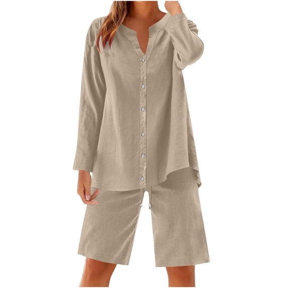 UAMVSH Women Button down Two Piece Sets Plus Size Cotton Linen Long Sleeve Shirts and Drawstring Bermuda Shorts Beach Outfits(Small,Beige)