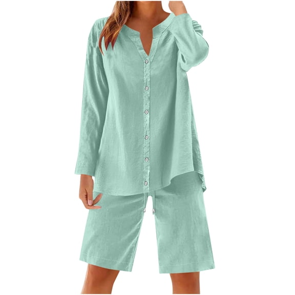 UAMVSH Women Button down Two Piece Sets Plus Size Cotton Linen Long Sleeve Shirts and Drawstring Bermuda Shorts Beach Outfits(XX-Large,Mint Green 1)