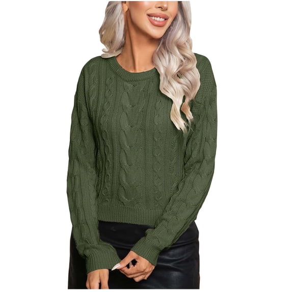 UAMVSH Women Cable Knitted Sweaters Fall Classic Long Sleeve Crew Neck Pullover Sweaters Casual Solid Color Daily Knitwear Tops(Large,Green)