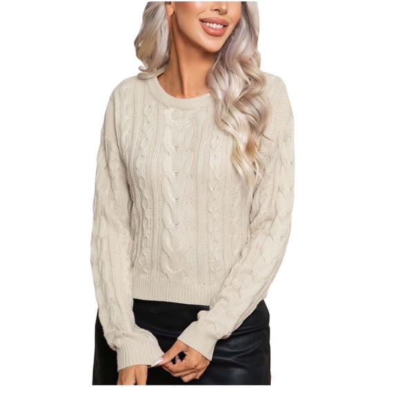 UAMVSH Women Cable Knitted Sweaters Fall Classic Long Sleeve Crew Neck Pullover Sweaters Casual Solid Color Daily Knitwear Tops(X-Large,Khaki)