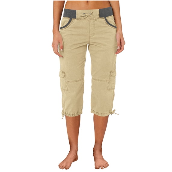 UAMVSH Women Capri Pants for Summer Soft Hiking Outdoor Athletic Cargo Capris with Pockets Loose Fit High Waist Stretch Travel Cropped Pants(Small,Khaki 1)