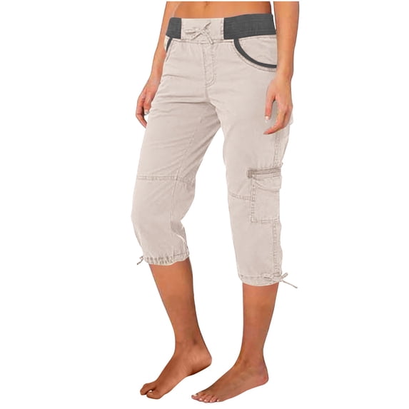 UAMVSH Women Capri Pants for Summer Soft Hiking Outdoor Athletic Cargo Capris with Pockets Loose Fit High Waist Stretch Travel Cropped Pants(X-Large,Beige)