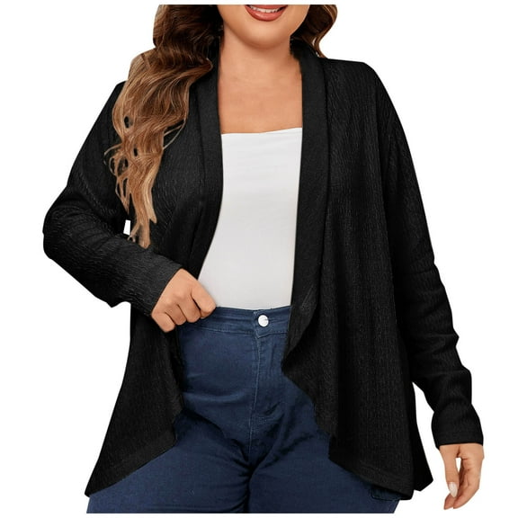 UAMVSH Women Cardigans Plus Size Fashion Kimono Cover U.S Long Sleeves Shawl Neck Casual Pocket Lightweight Bolero Coats(X-Large,Black)