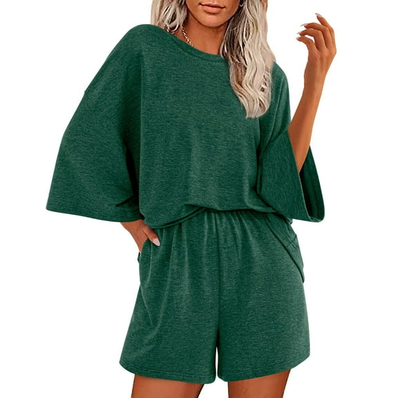 UAMVSH Women Casual 2 Piece Outfits with Pockets Soft Half Sleeve Oversized Pullover Tops with Drawstring Shorts Loungewear Sets(X-LargeGreen 1)