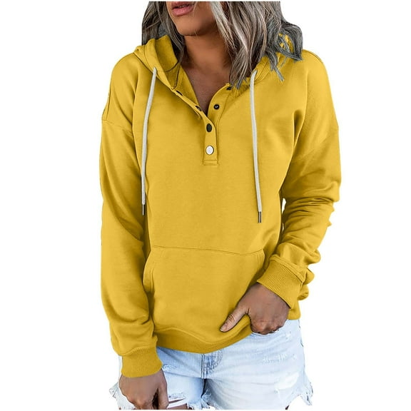 UAMVSH Women Casual Long Sleeve Hooded Sweatshirts with Pockets Loose Fit Solid Color Hoodie Long Sleeve Button Pullover(Small,Yellow)