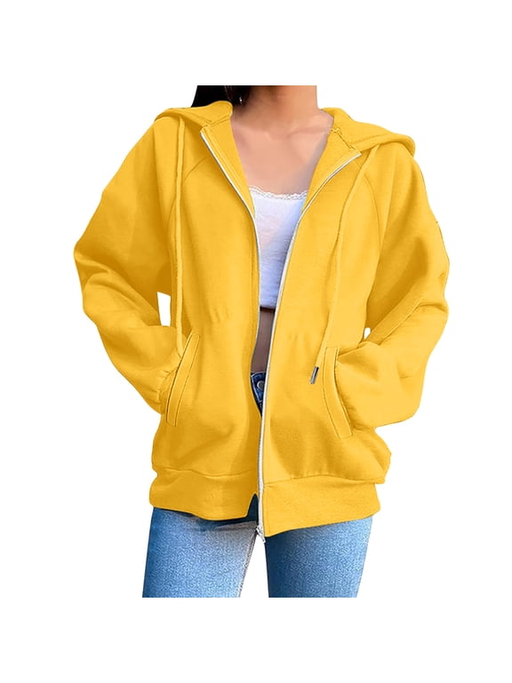 Women Casual Long Sleeve Hoodie Jackets with Pockets Basic Fall Solid Color Drawstring Top Coats Loose Fit Zip up Hooded Sweatshirts(X-Large,Yellow)