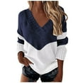 thumbnail image 1 of UAMVSH Women Casual Long Sleeve Sweaters Trendy Color Block V-Neck Sweater Knitwear Lightweight Pullover Tops Fall Winter(X-Large,Navy), 1 of 4
