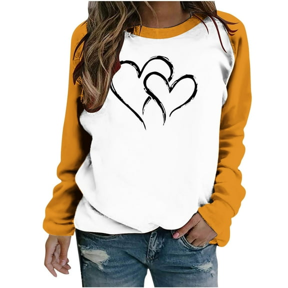 UAMVSH Women Casual Long Sleeve Sweatshirts Cute Valentine's Day Heart Graphic Pullover Tops Fashionable Color Block Fall Outfits(X-Large,Yellow)