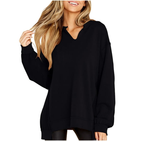 UAMVSH Women Casual Long Sleeve Sweatshirts Oversized V-Neck Pullover Tops Loose Fit Solid Color Fall Vacation Travel Basic Clothes(Large,Black)