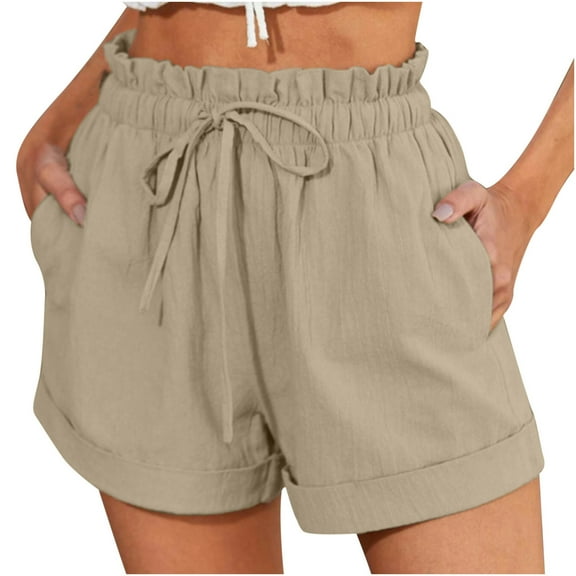 UAMVSH Women Casual Shorts Drawstring Comfy Elastic Waist Shorts Summer Cotton Linen Short with Pockets