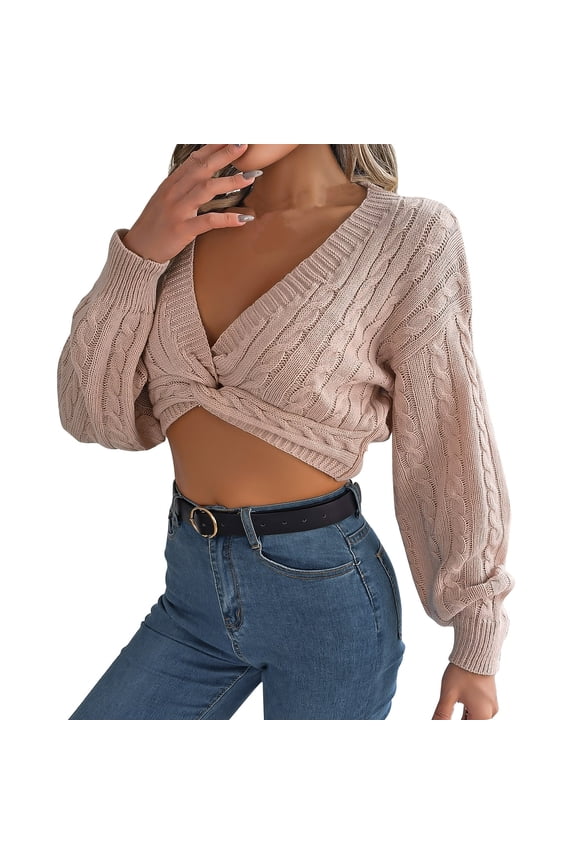 Women Casual Twist Front V-Neck Lantern Sleeve Sweaters Knitted Pullover Tops Trendy Cropped Knotted Long Sleeve Sweaters(Small,Pink)