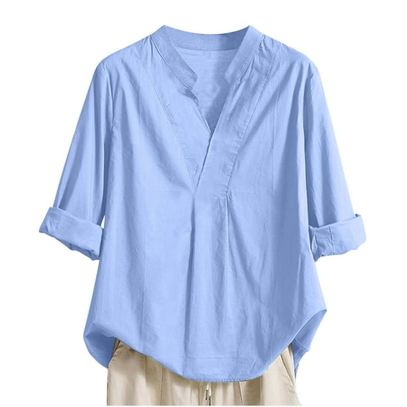 UAMVSH Women Casual V-Neck Shirts Loose Fit Cotton Linen Tops Lightweight 3/4 Sleeve Beach Vacation Flowy Tee Blouses(X-Large,Sky Blue)
