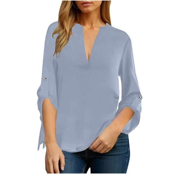 UAMVSH Women Chiffon Dress Blouses Casual Roll up Long Sleeve Vacation Travel Shirts for Fall Elegant Deep V-Neck Baggy Work Tops(X-Large,Gray)