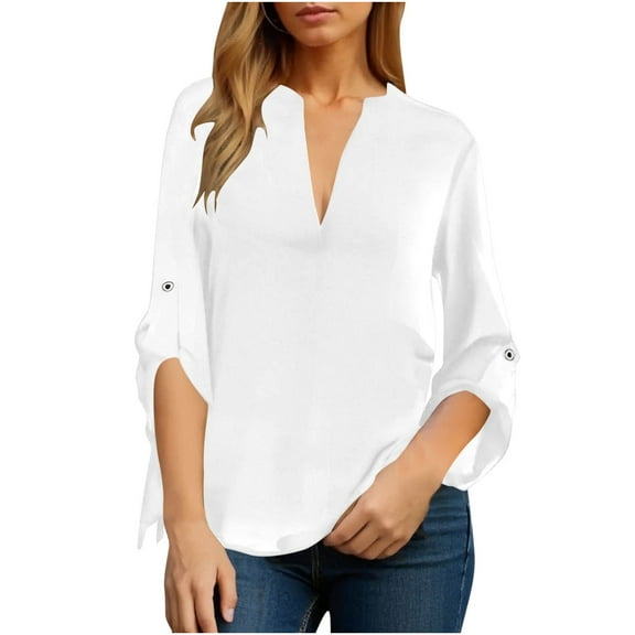 UAMVSH Women Chiffon Dress Blouses Casual Roll up Long Sleeve Vacation Travel Shirts for Fall Elegant Deep V-Neck Baggy Work Tops(XX-Large,White 1)